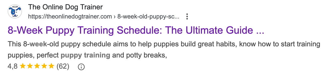 一个元描述的示例,显示了关于小狗训练的元描述,包括评论评分