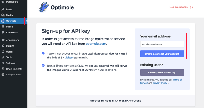 注册 Optimole API 密钥