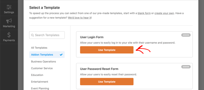 选择 WPForms 用户登录表单模板